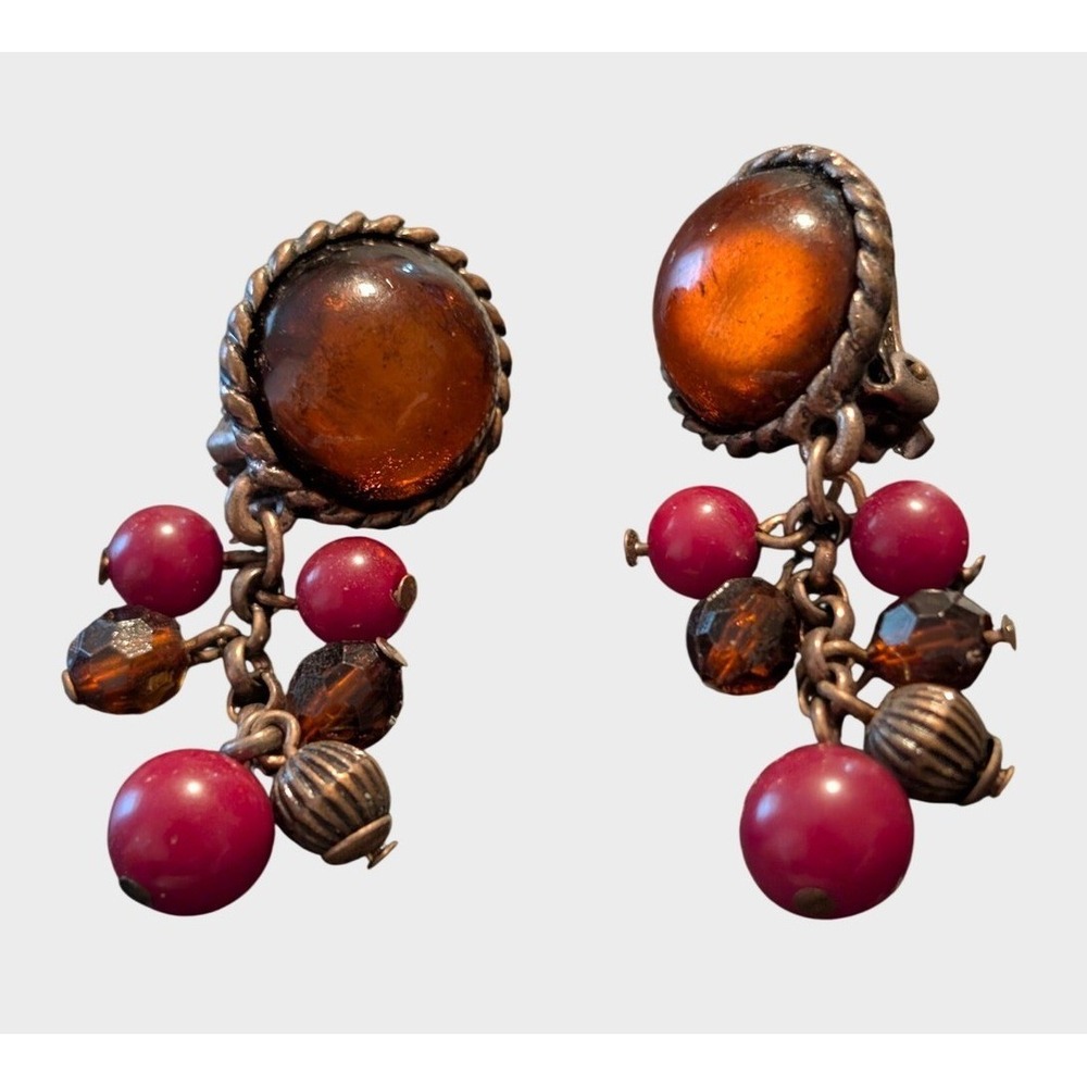 Vintage Amber Lucite Clip On Earrings Beaded Cluster Dangle Copper Tone